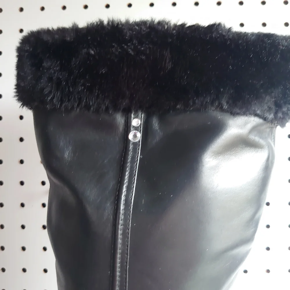 Westies Chunky Heel Block Leather, Fur And Rivet Rhinestone Winter Boots Black - Picture 11 of 14